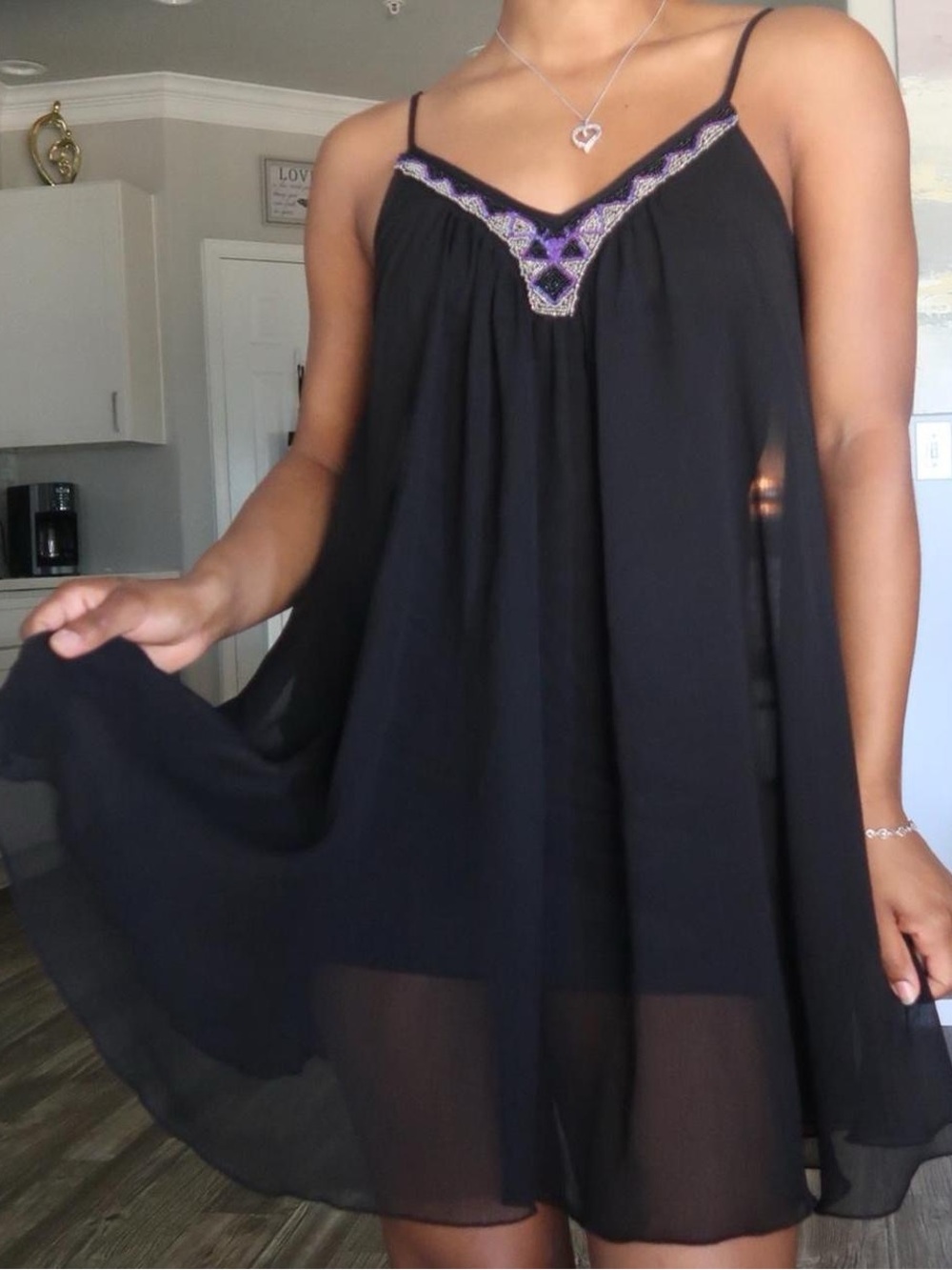 Express Black Spaghetti Strap Slip Dress with Purple Embroidered V-Detail